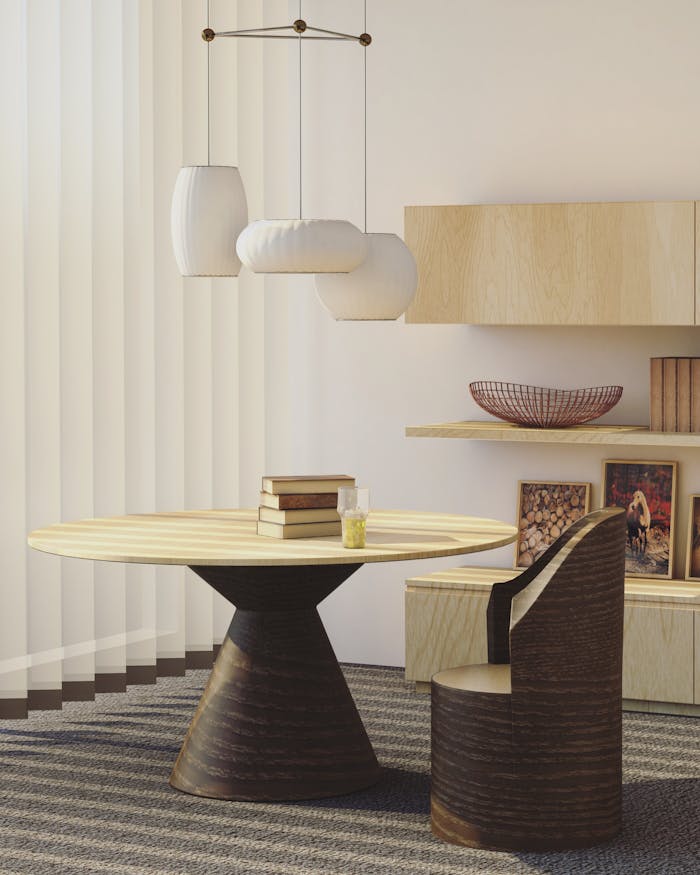 summer-sale Contemporary living room with wooden furniture and creative decorations. Ideal for interior design inspiration.